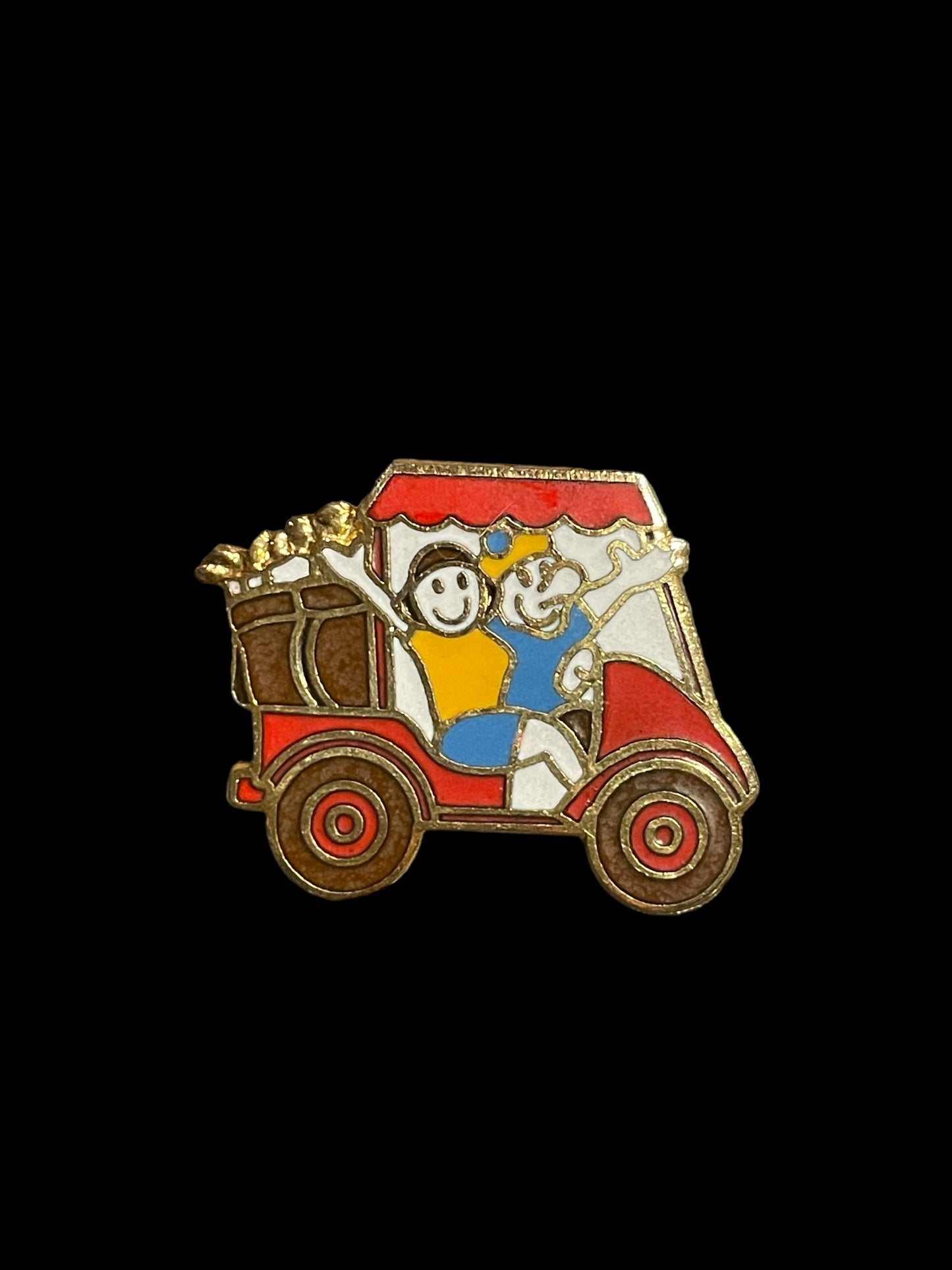 Vintage Golfers in Red Golf Cart Enamel Brooch Pin