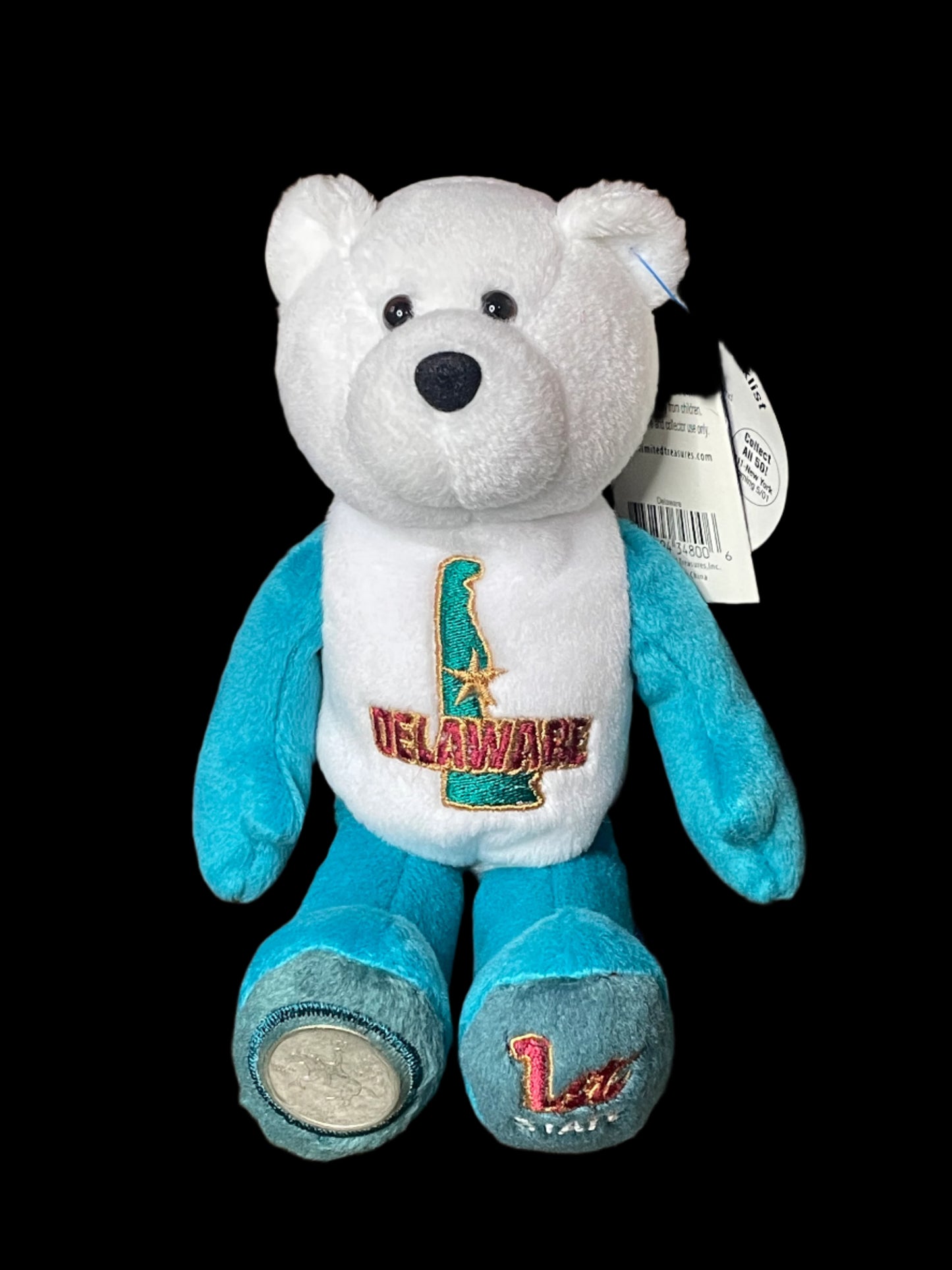 1999 Limited Treasures Delaware State Quarter Coin Bean Bear Plush