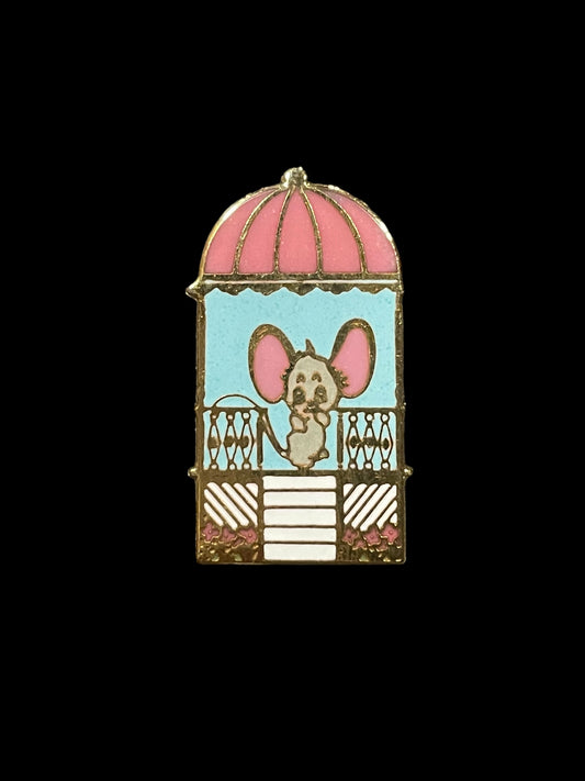 Gold Tone Cartoon Mouse in Pink Gazebo Enamel Brooch Pin