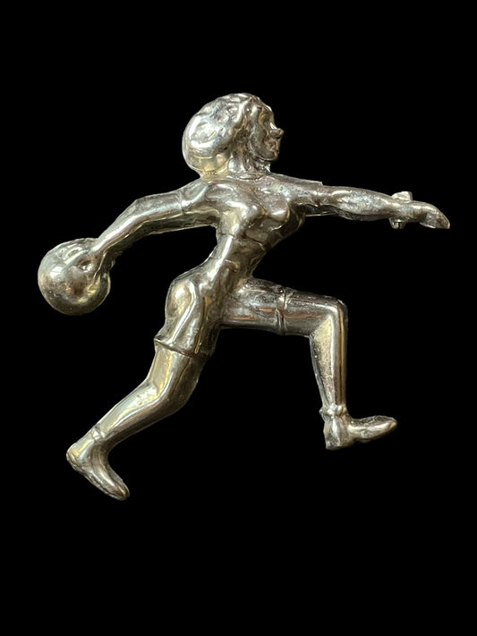 Vintage Retro Women Bowling League 3D Molded Silver Tone Brooch Pin or Pendant