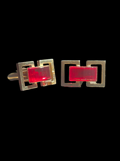 Vintage Gold Tone Cufflinks with Red Glass or Gemstone Inlay