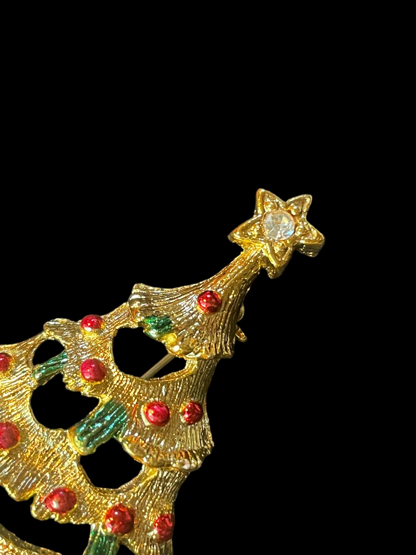 Vintage Gold Toned Christmas Tree Enamel Red Ornament Brooch Pin