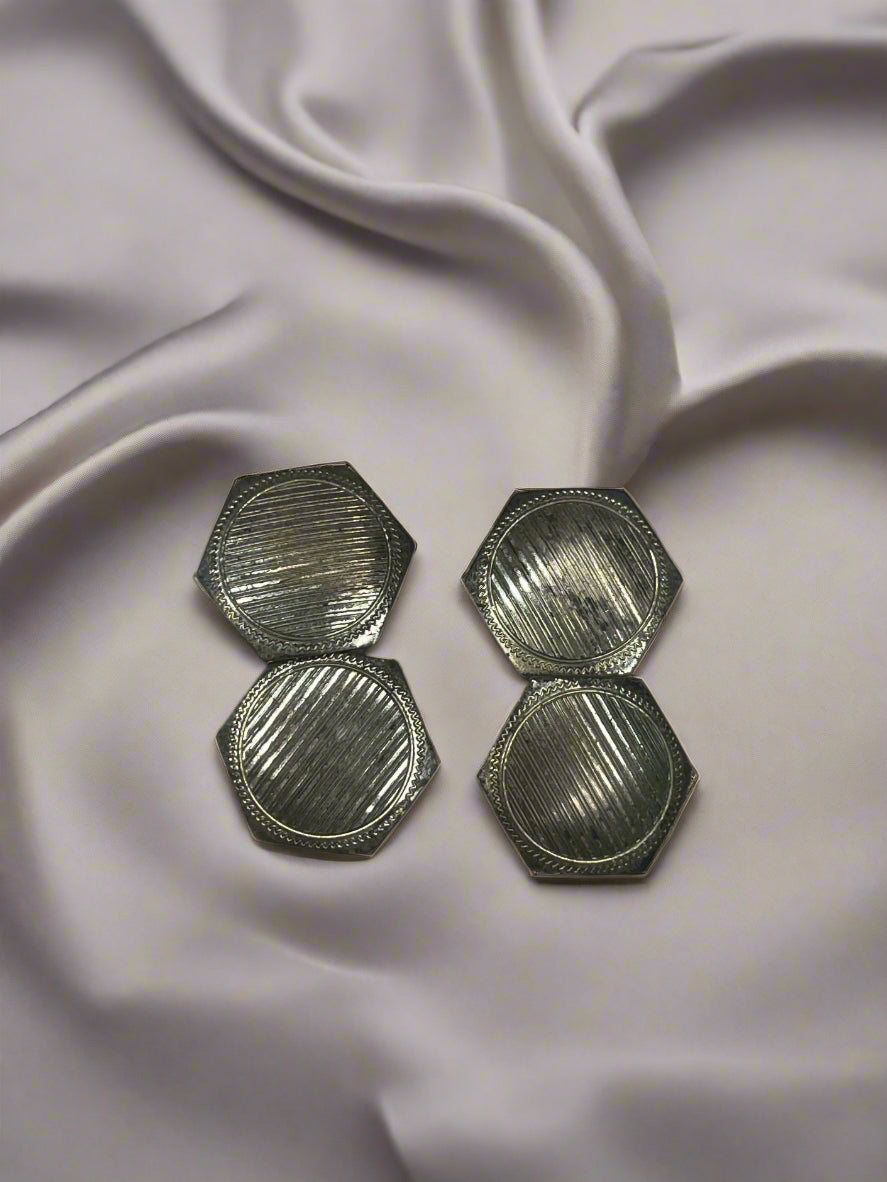 Victorian Edwardian Sterling Silver Men Hexagon Cufflinks Stamped EEE