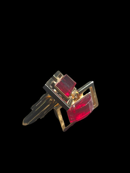 Vintage Gold Tone Cufflinks with Red Glass or Gemstone Inlay