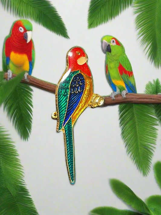 Vintage Enameled Colorful Parrot Bird Brooch Pin