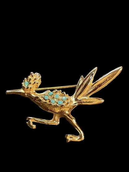 Vintage Gold Tone with Turquoise Stones Road Runner Brooch Pin