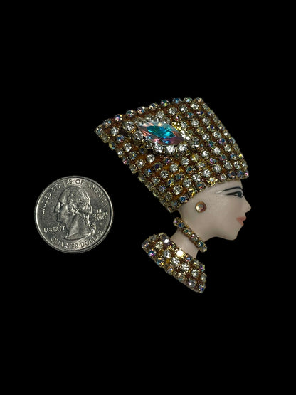 Vintage Hand Painted Egyptian Queen Nefertiti Porcelain and Swarovski Brooch