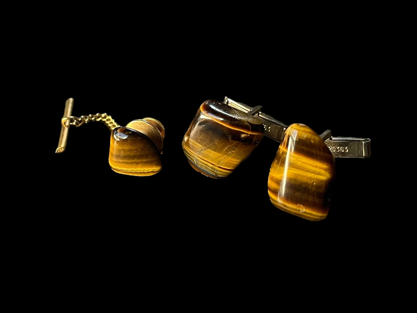 Vintage Gold Tone Cufflinks and Tie Pin with Tiger Eye Stones Men Jewelry Set