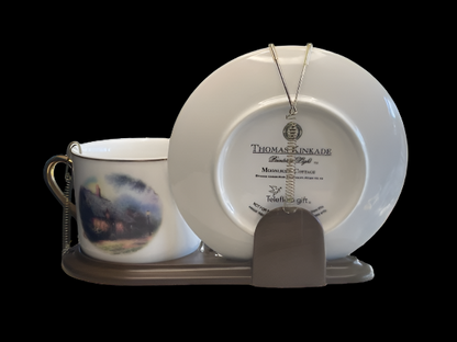 2003 Teleflora Gift Thomas Kinkade Moonlight Cottage Collectible Cup and Plate Set with Stand