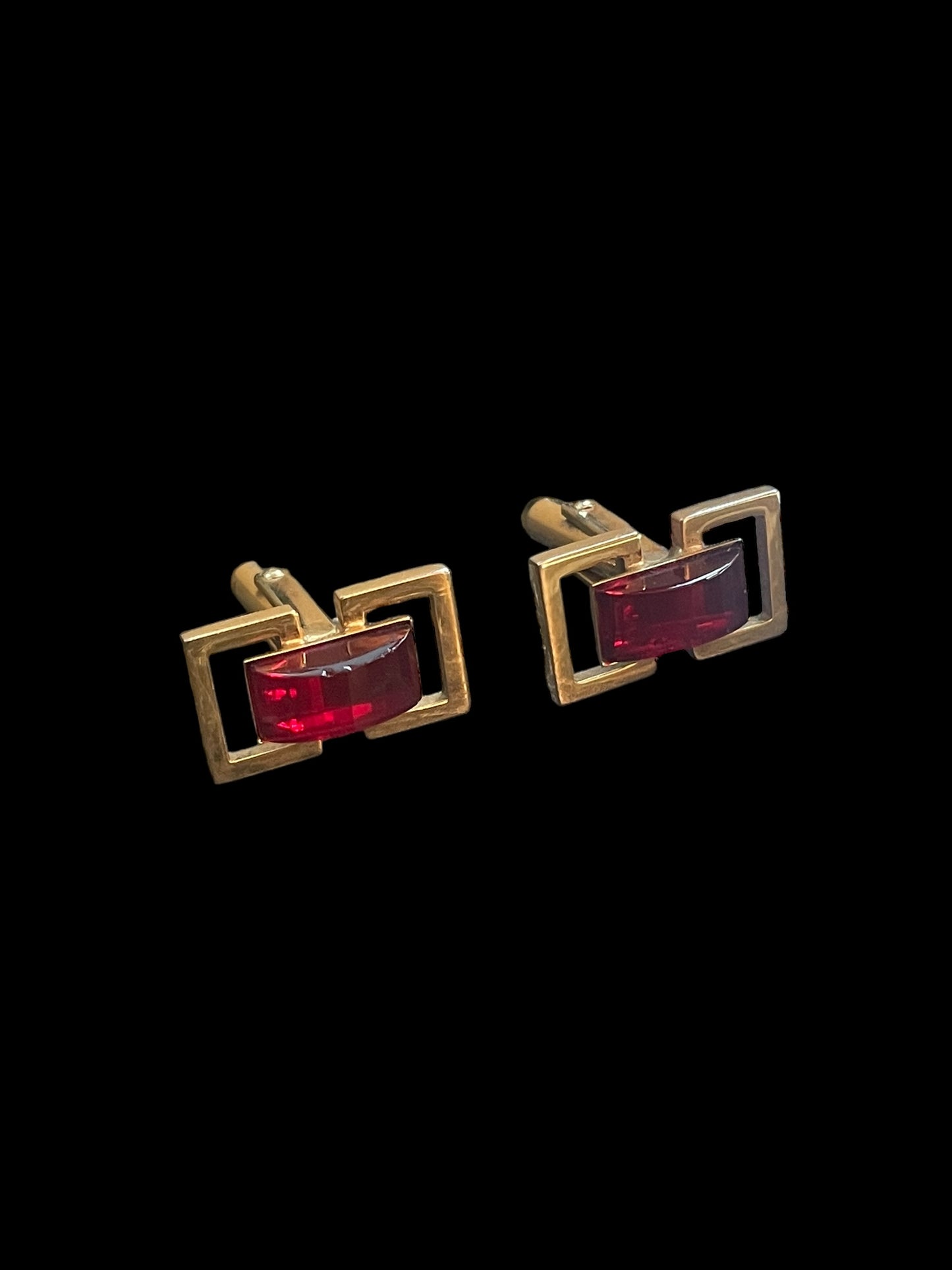 Vintage Gold Tone Cufflinks with Red Glass or Gemstone Inlay