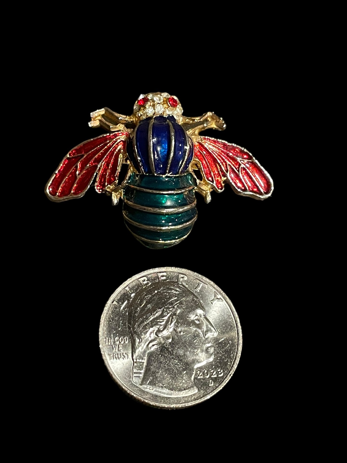 Vintage Blue Green & Red Bumble Bee with Rhinestones Enamel Brooch Pin