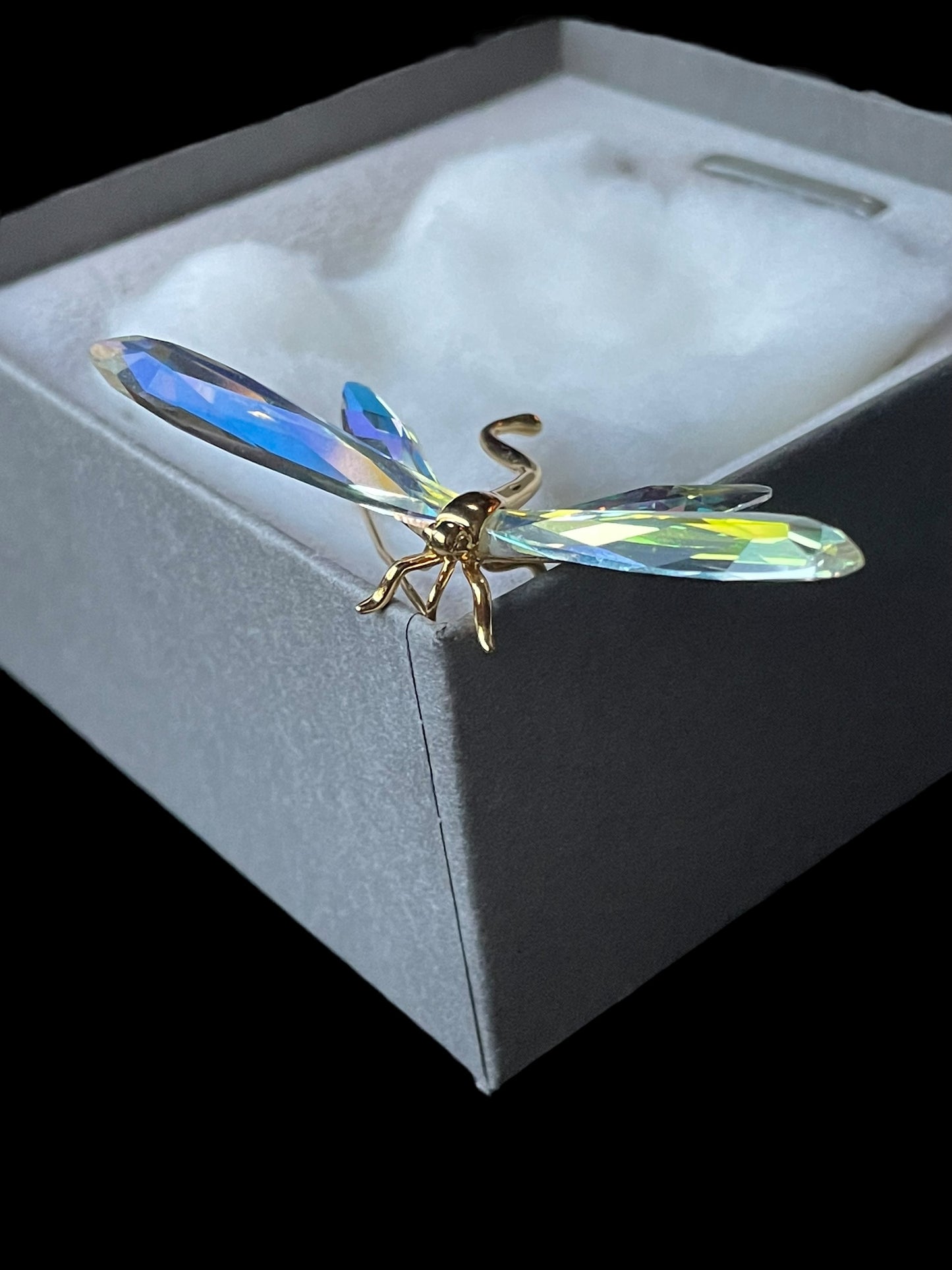 Daniel Swarovski Signed Gold Plated 925 Silver AB Cut Faceted Crystal Dragonfly Stick Pin Brooch