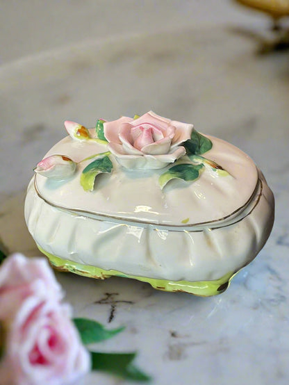 1960s Hand Painted Pink Roses Porcelain Oval Trinket Box