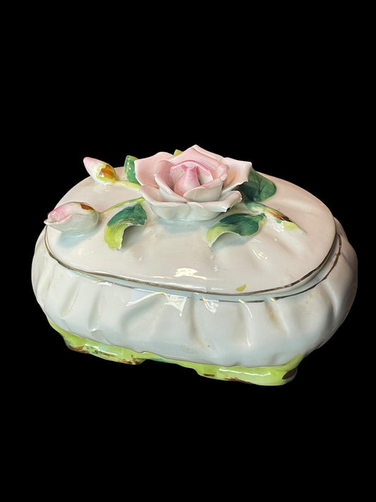 1960s Hand Painted Pink Roses Porcelain Oval Trinket Box