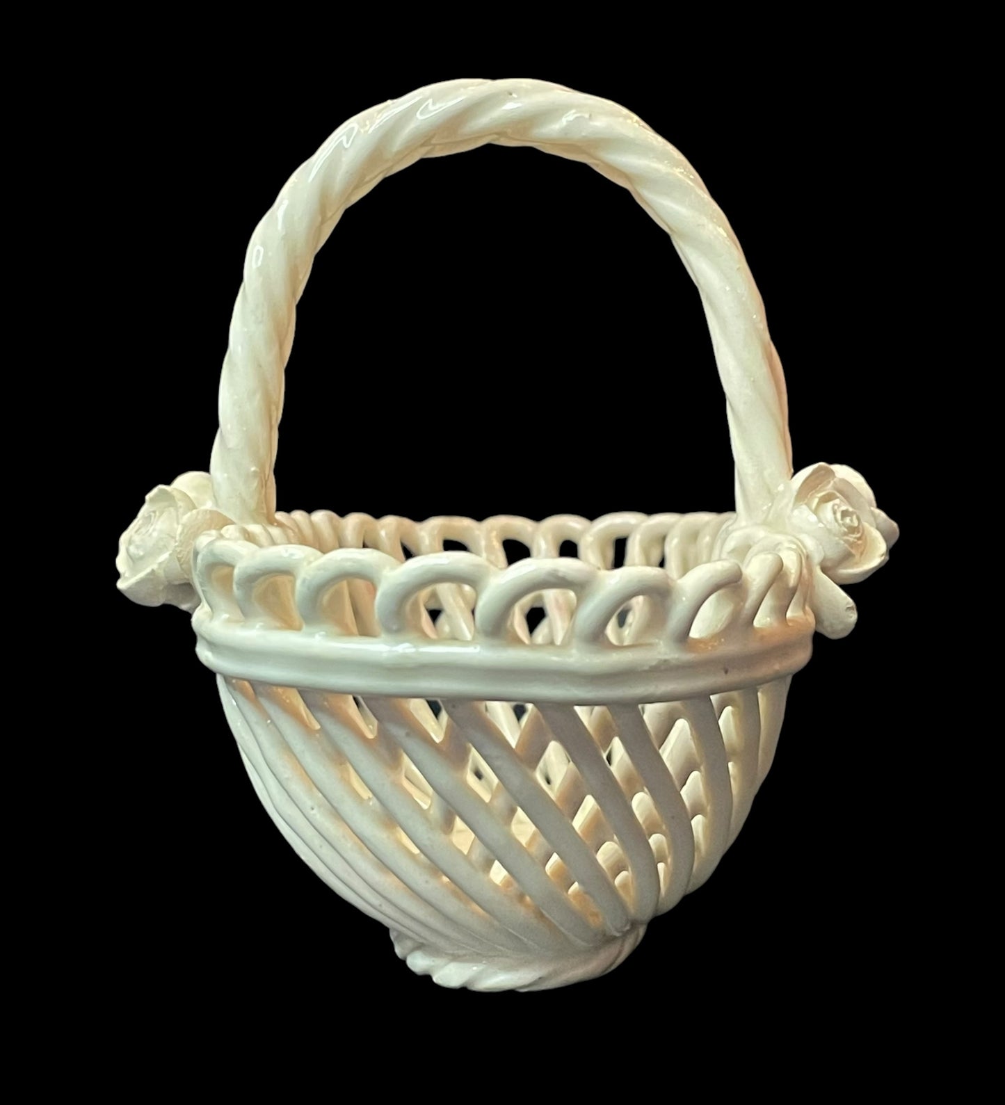 Vintage Porcelain Woven Basket with Handle & Flowers Figurine Made in Italy