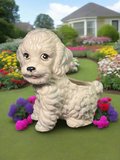 Midcentury Inarco Japan 7” White Ceramic Poodle Dog Planter