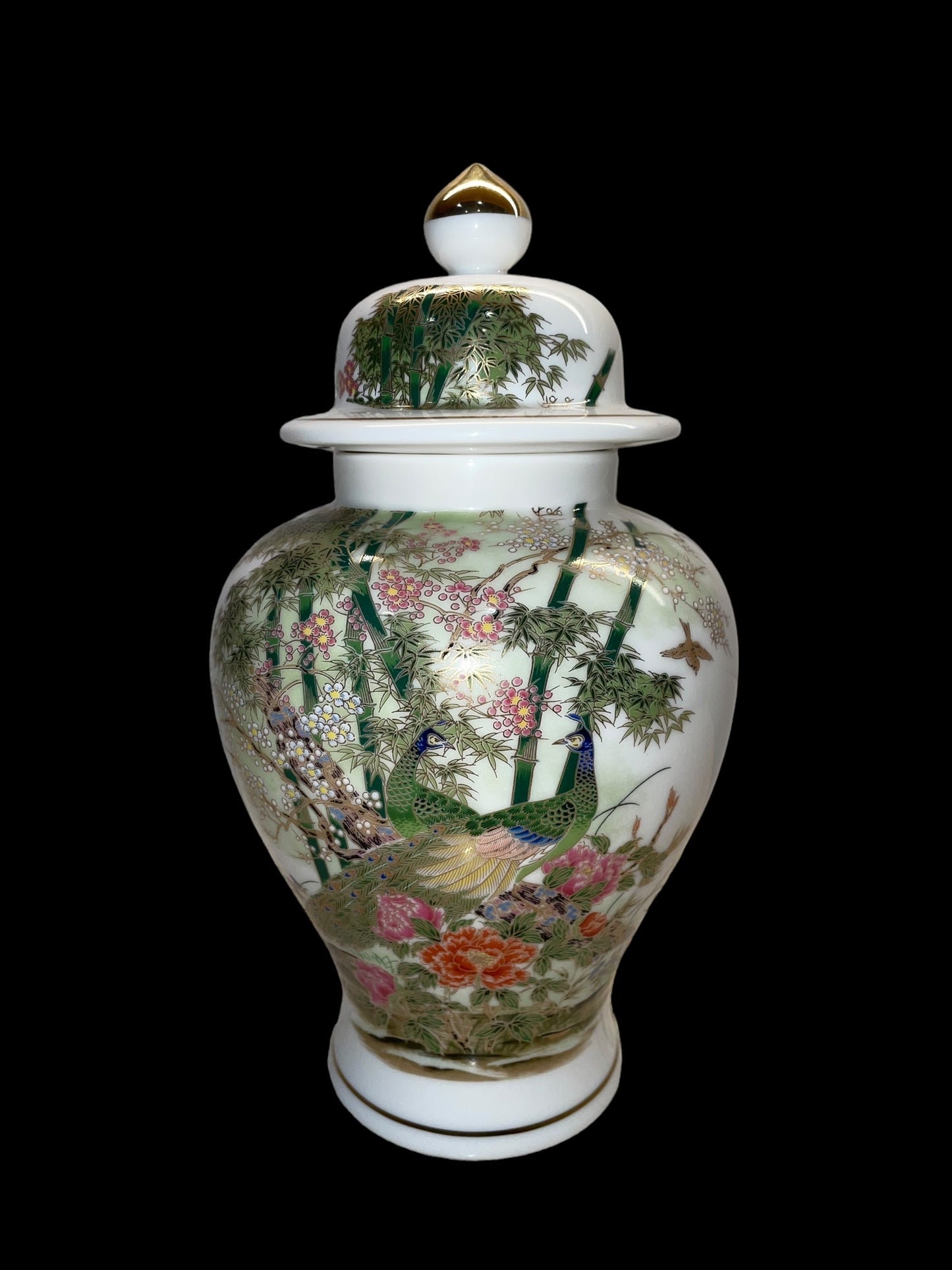 Vintage OMC 8” Peacocks Bamboo Birds Gold Gilded Ginger Jar JAPAN