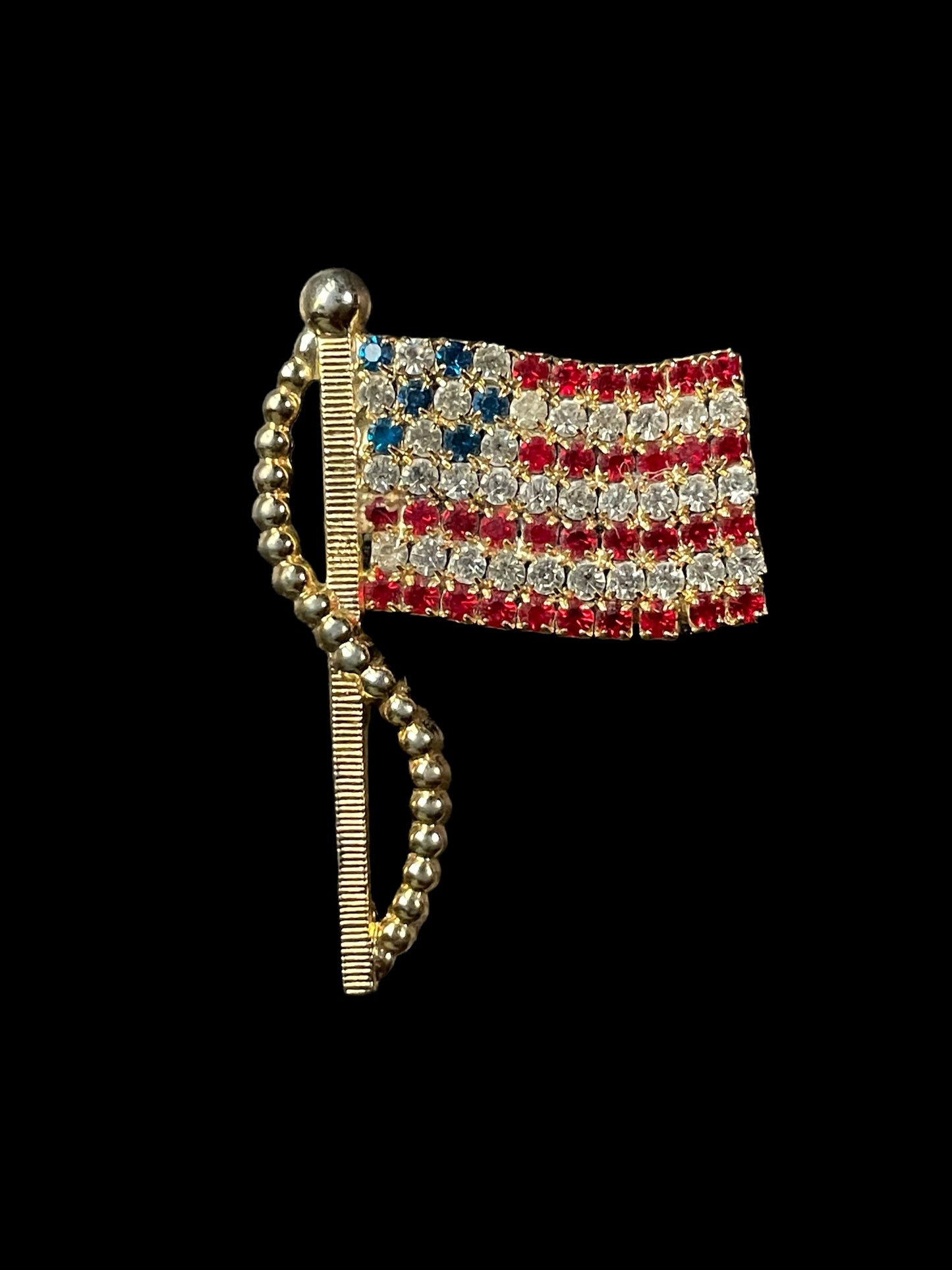 Vintage Gold Toned Patriotic USA American Flag with Rhinestones Brooch Pin