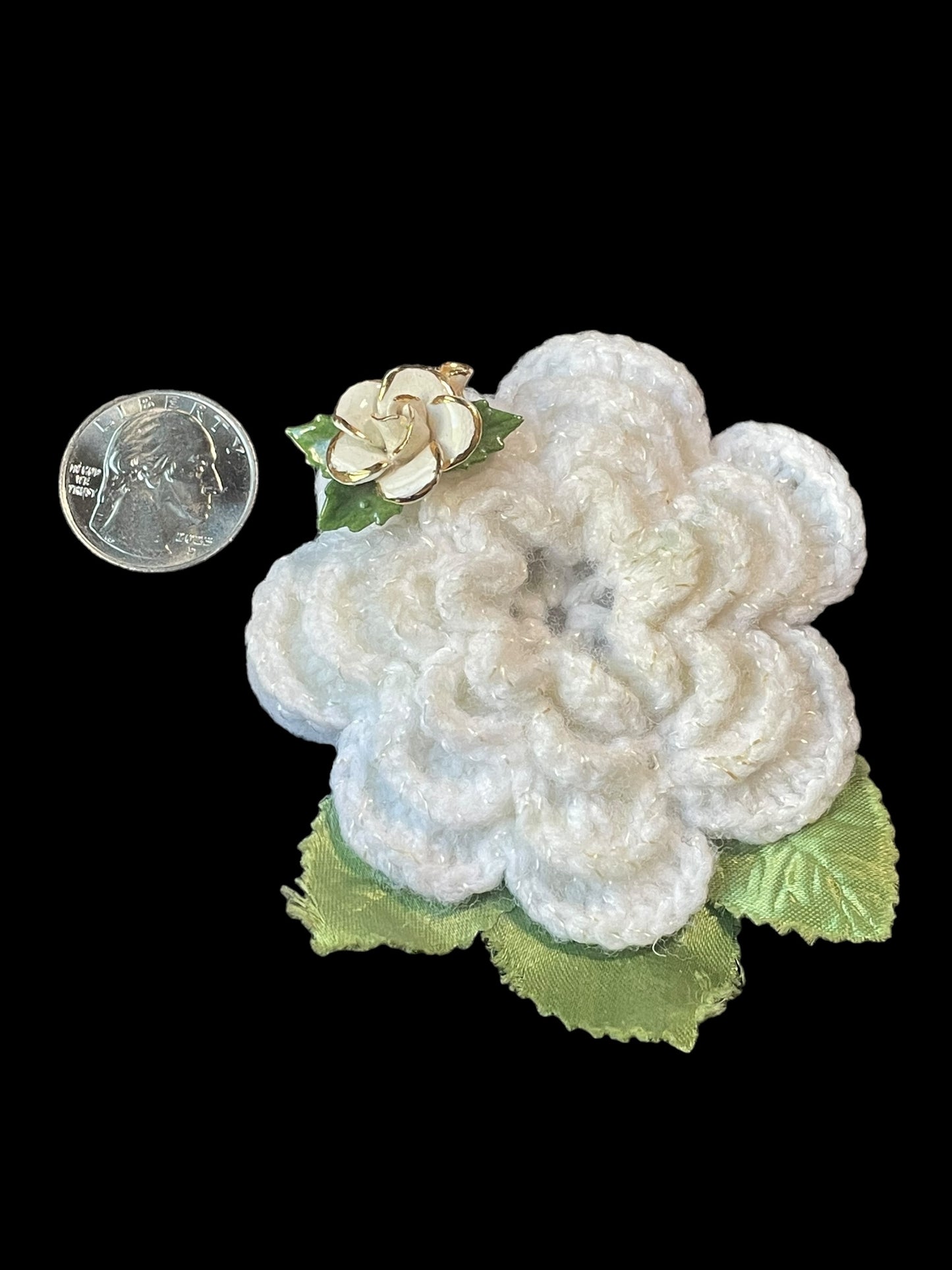 Hand Crocheted Rose with Fully Bloomed White Rose Enamel Brooch Pin