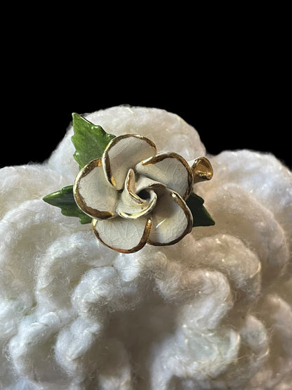 Hand Crocheted Rose with Fully Bloomed White Rose Enamel Brooch Pin