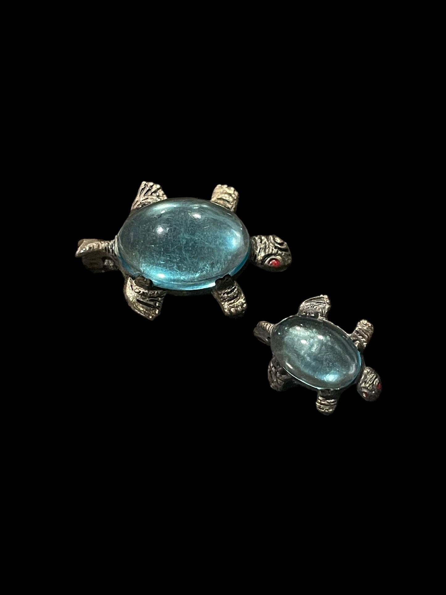 Set of 2 Antique C-Clasp Blue Glass Jelly Belly Turtle Brooch Pins