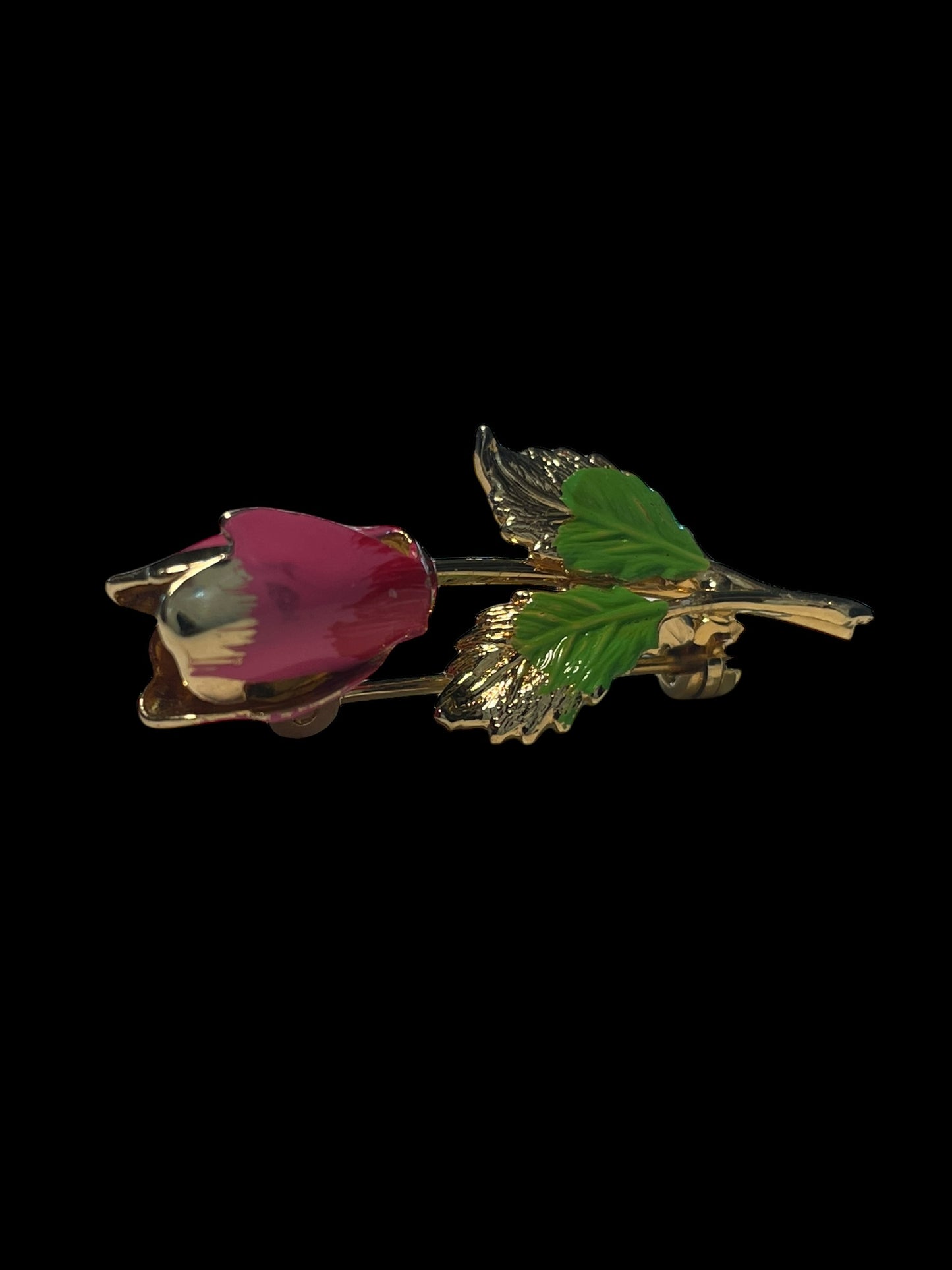 Vintage Gold Toned Hand Painted Pink Rose Brooch Pin