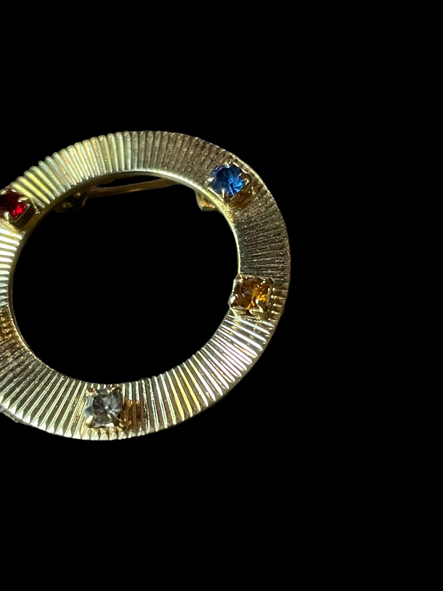 Vintage Gold Tone Multicolor Rhinestones Circle Brooch Pin