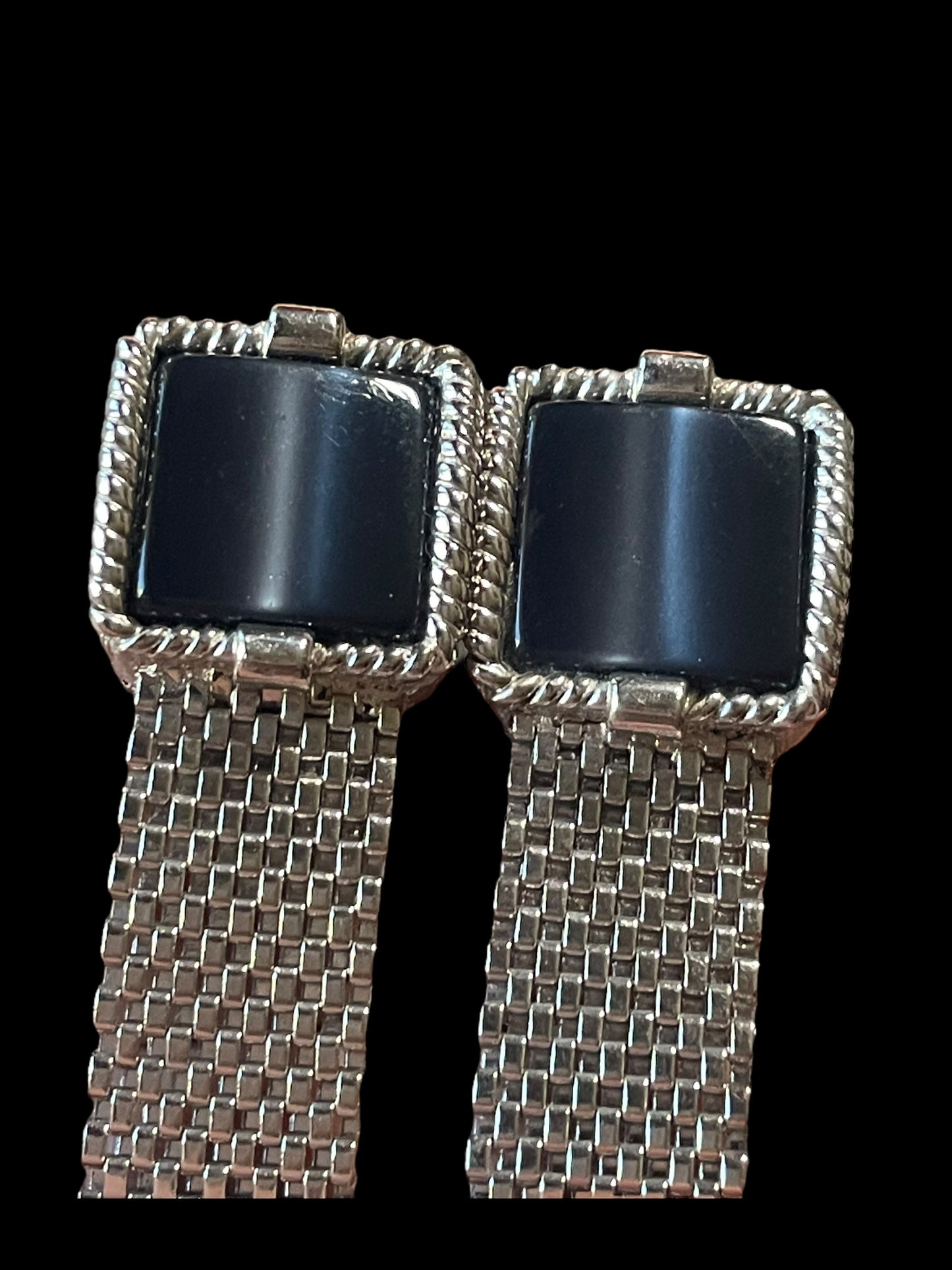 Signed Black Tiger Eye Silver Tone Mesh Men Vintage Cufflinks