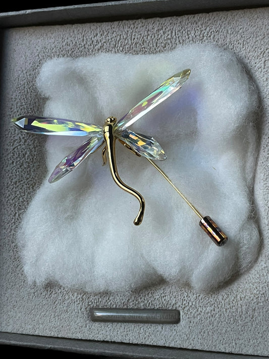 Daniel Swarovski Signed Gold Plated 925 Silver AB Cut Faceted Crystal Dragonfly Stick Pin Brooch