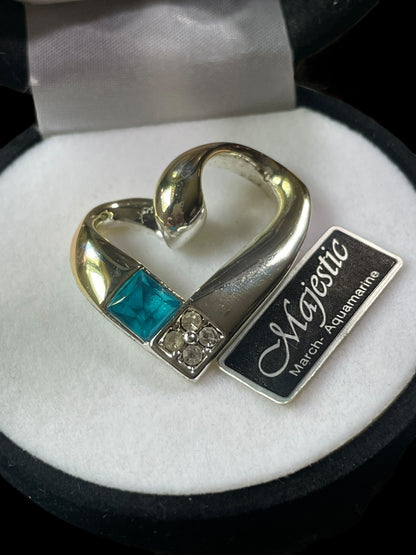 Majestic Aquamarine March Birthstone Heart Shaped Brooch Pin