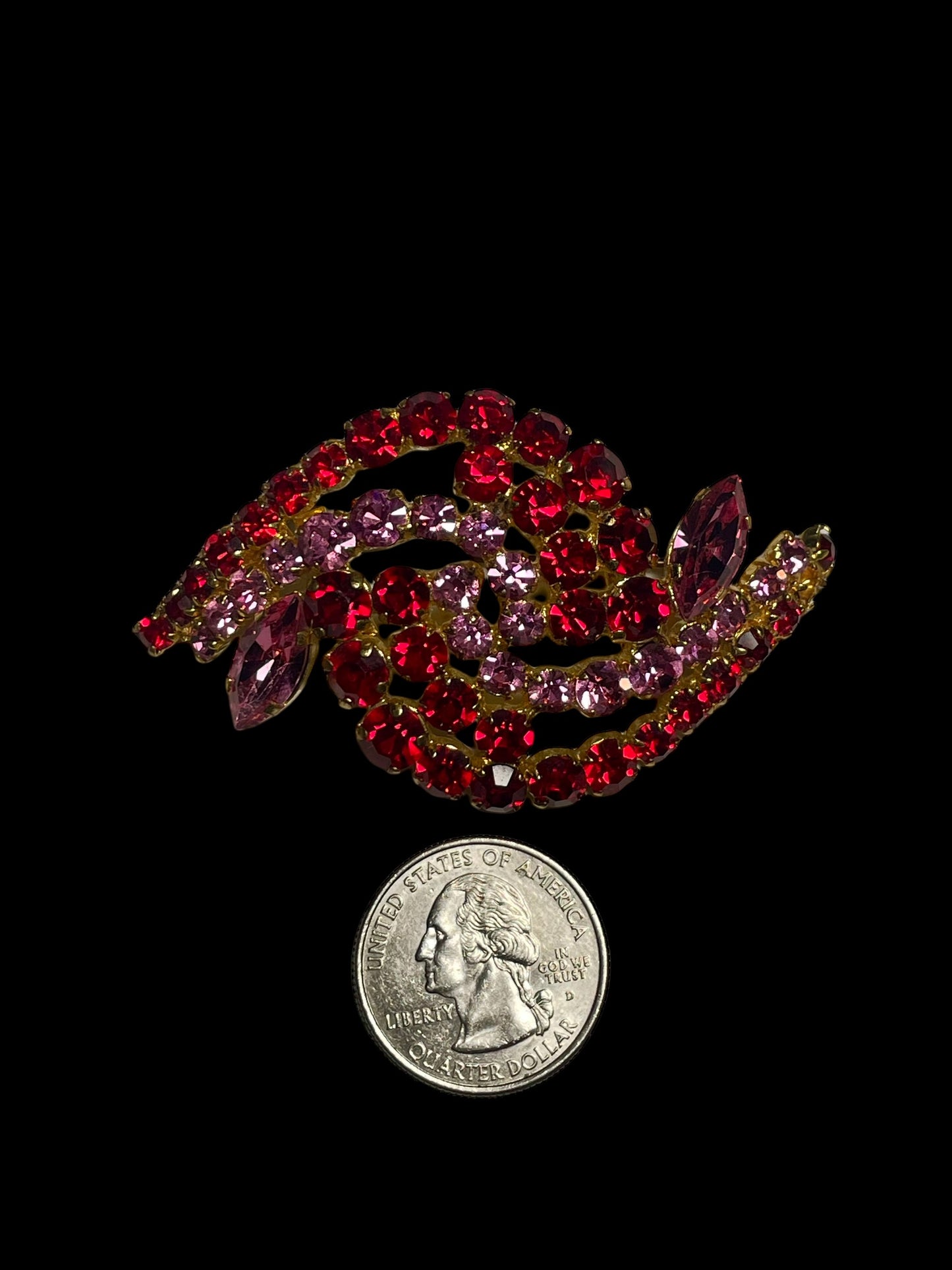 Red and Pink Rhinestones Wave Brooch Made in Austria