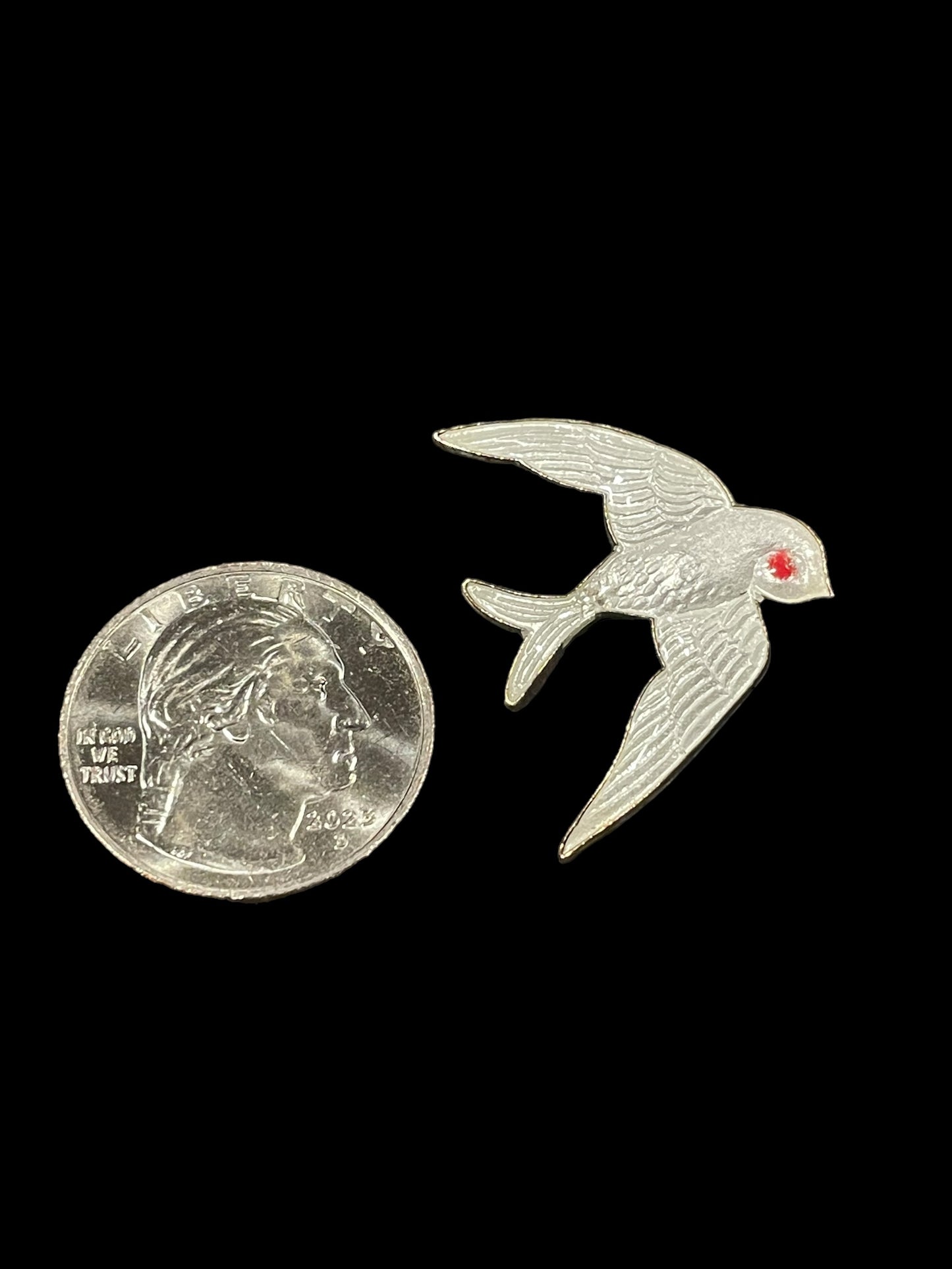 Silver Tone Red Eye Flying Sparrow or Swallow Bird Brooch Pin