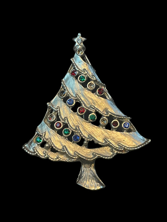 Silver Christmas Tree with Colorful Rhinestone Ornaments Brooch