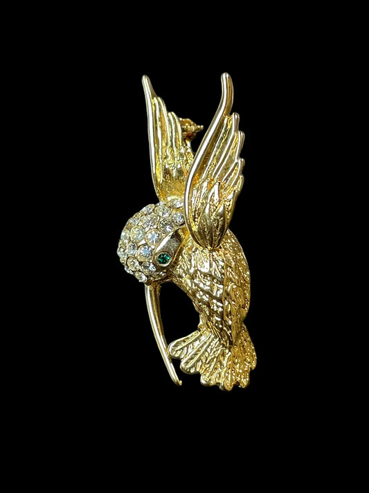 Vintage Gold Tone and Rhinestone Hummingbird Brooch Pin