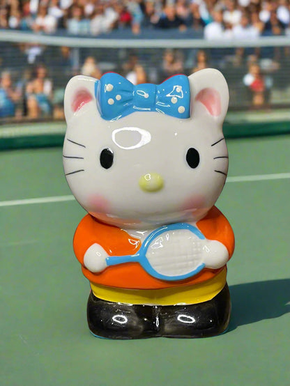 Rare Sanrio Hello Kitty Tennis Player with Cute Blue Polka Dot Bow Vintage Ceramic Piggy Bank