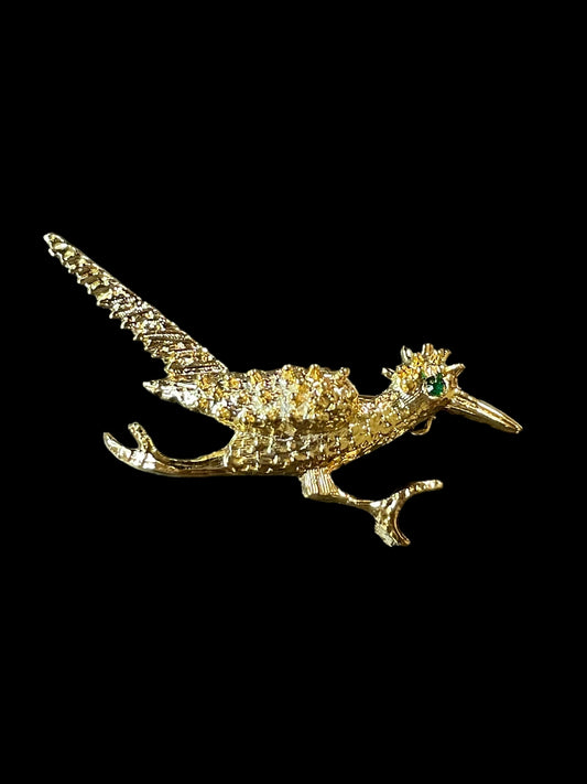 Vintage Gerry's Gold Tone Textured Metal Roadrunner with Green Gemstone Brooch Pin