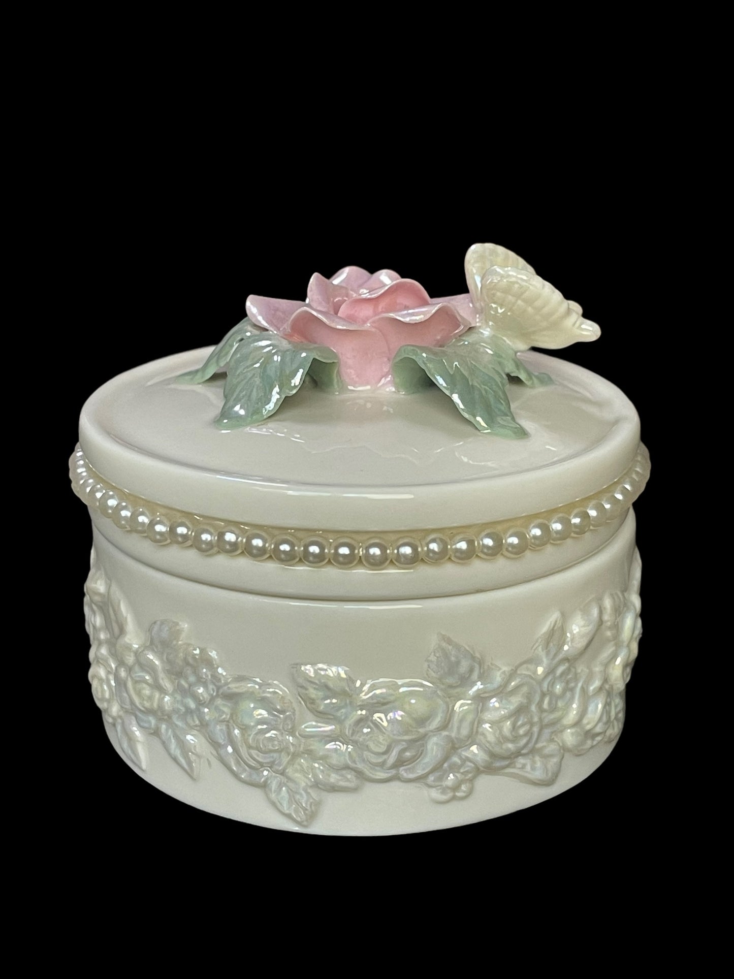 Lenox Pearlescent Hand Painted Rose and Butterfly Trinket Box