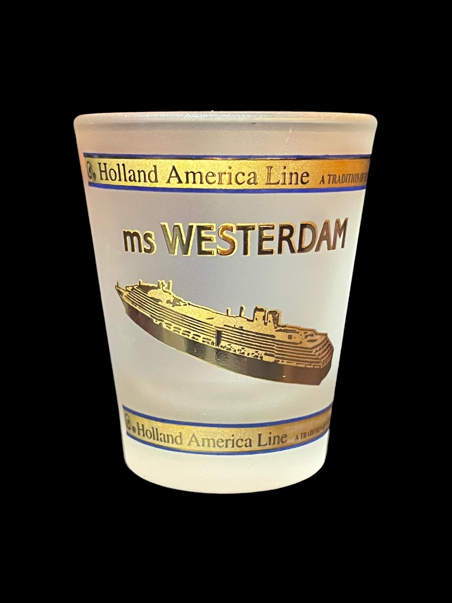 Holland America Line Ms Westerdam Blue and Gold Frosted Shot Glass