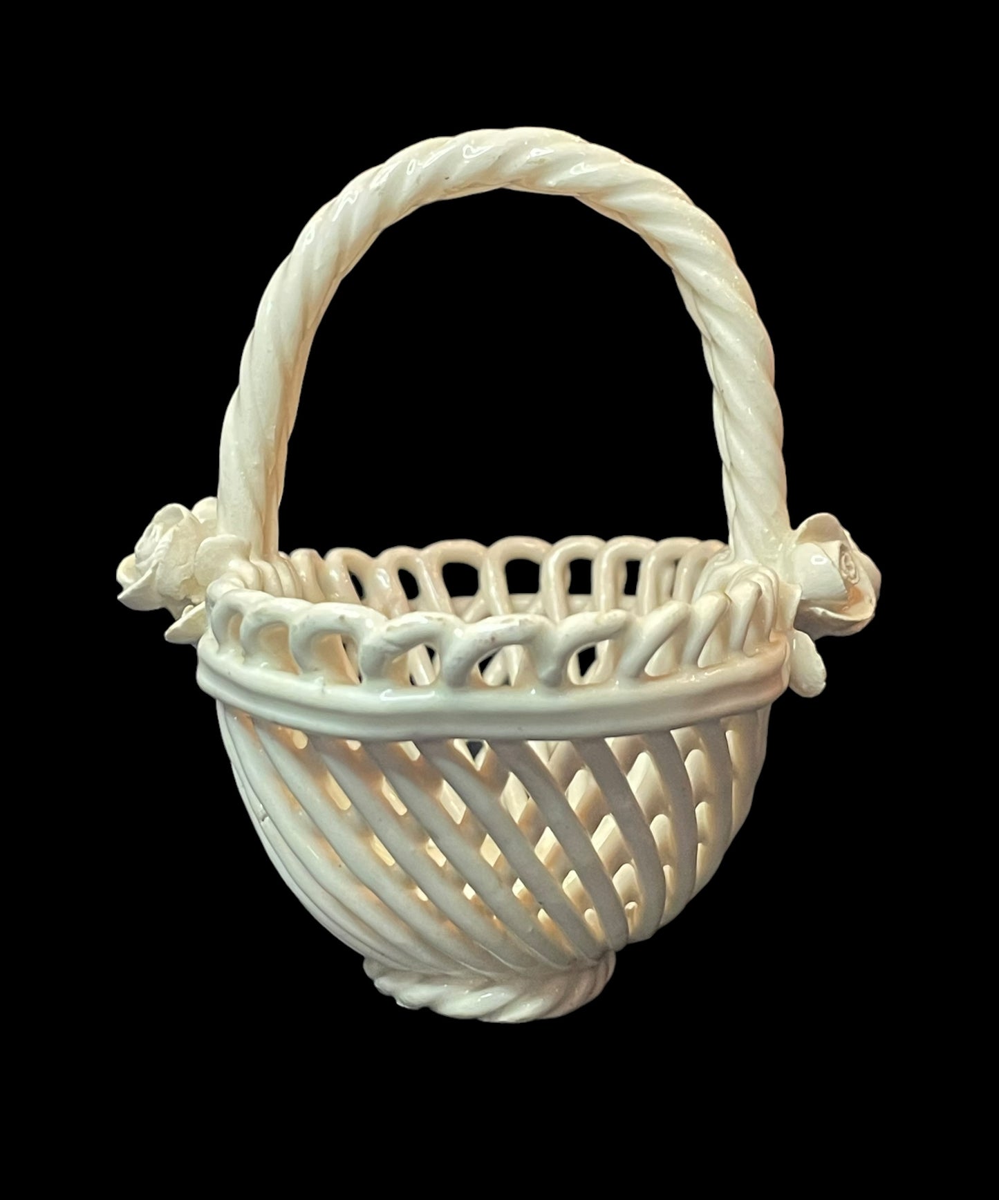 Vintage Porcelain Woven Basket with Handle & Flowers Figurine Made in Italy