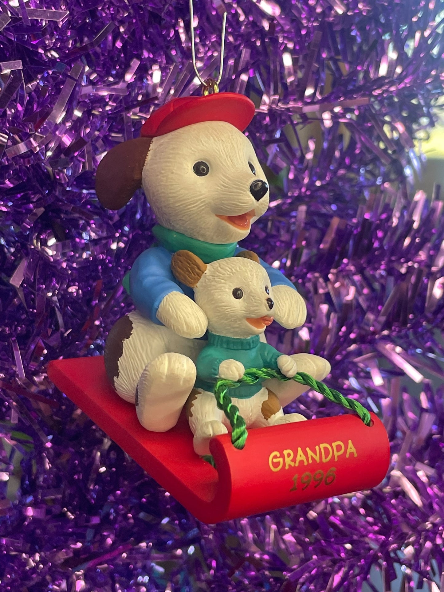 1996 Hallmark Keepsake Ornament Grandpa and Grandson on Sled