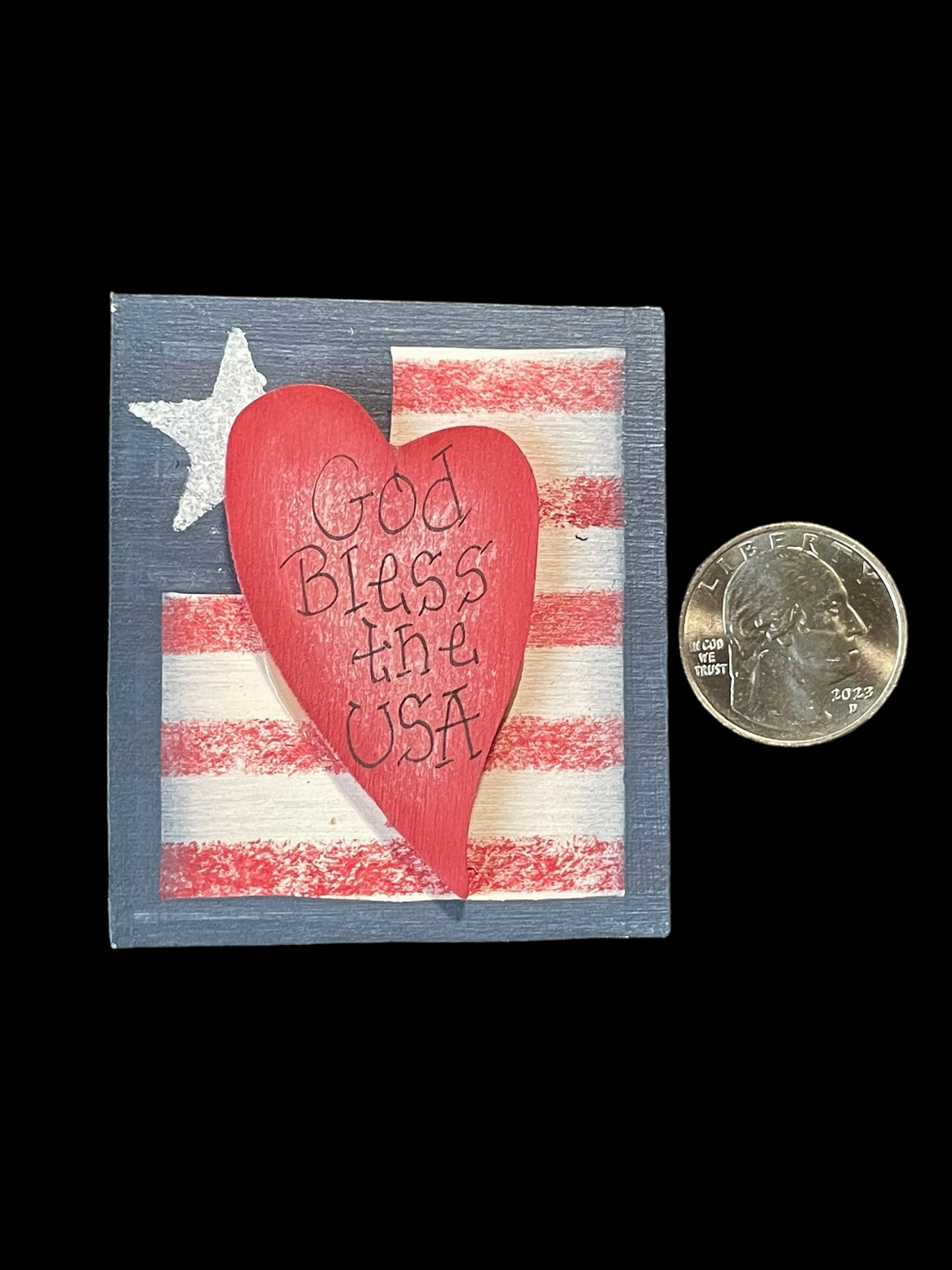 God Bless The USA American Flag and Heart Wooden Square Brooch Pin