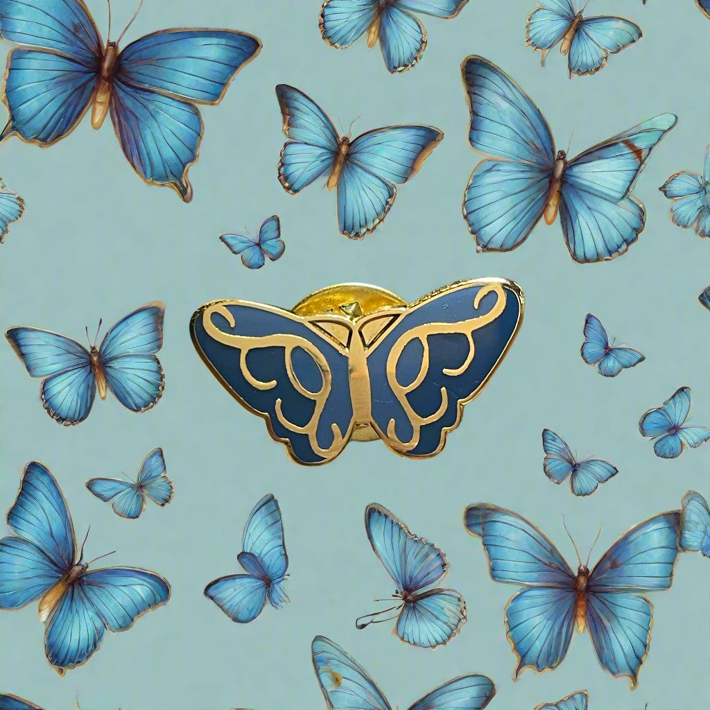 Gold Toned Blue Butterfly Brooch Pin Vintage