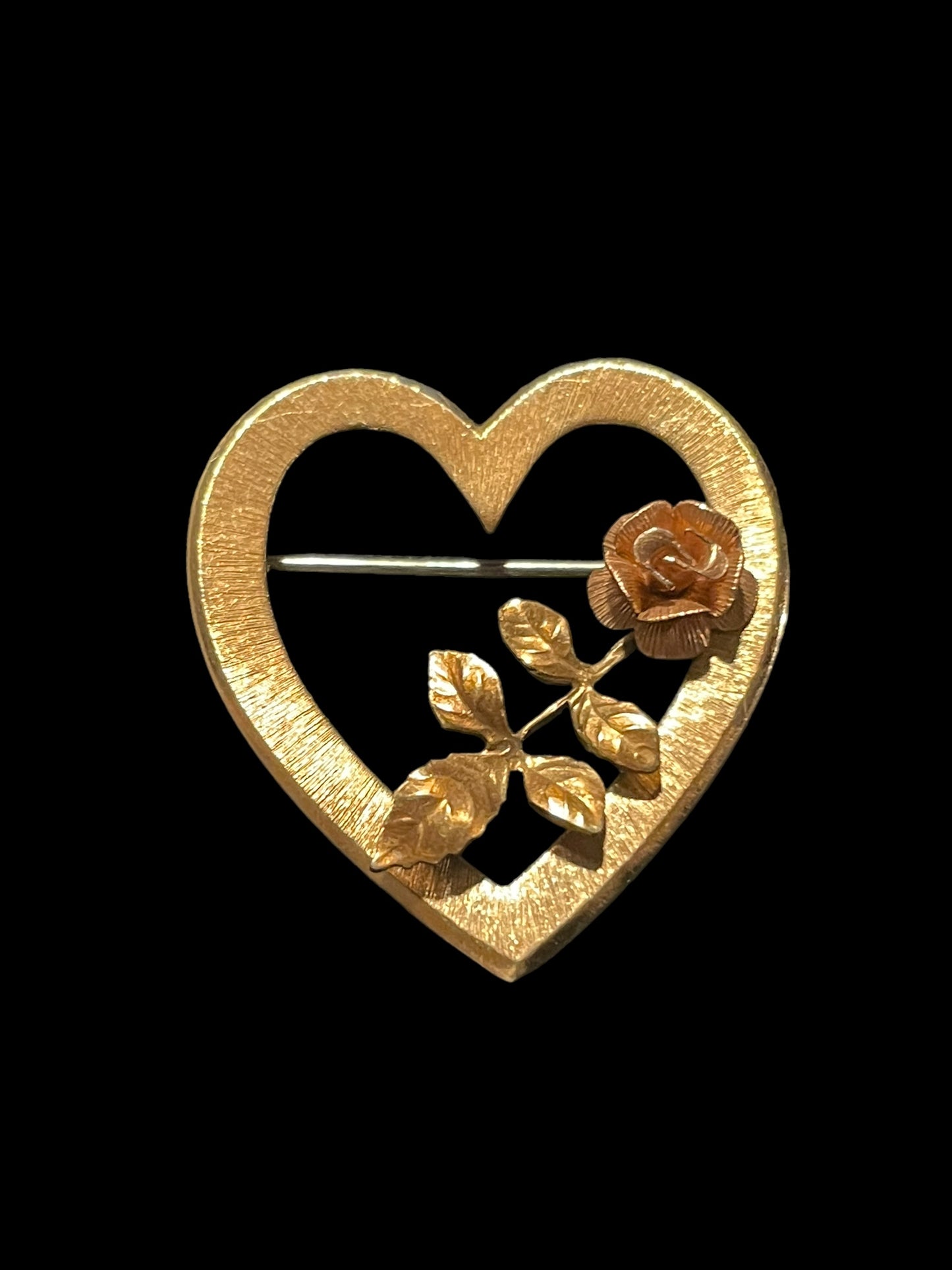 Vintage Krementz 14k Gold Overlay Heart with Rose Brooch Pin