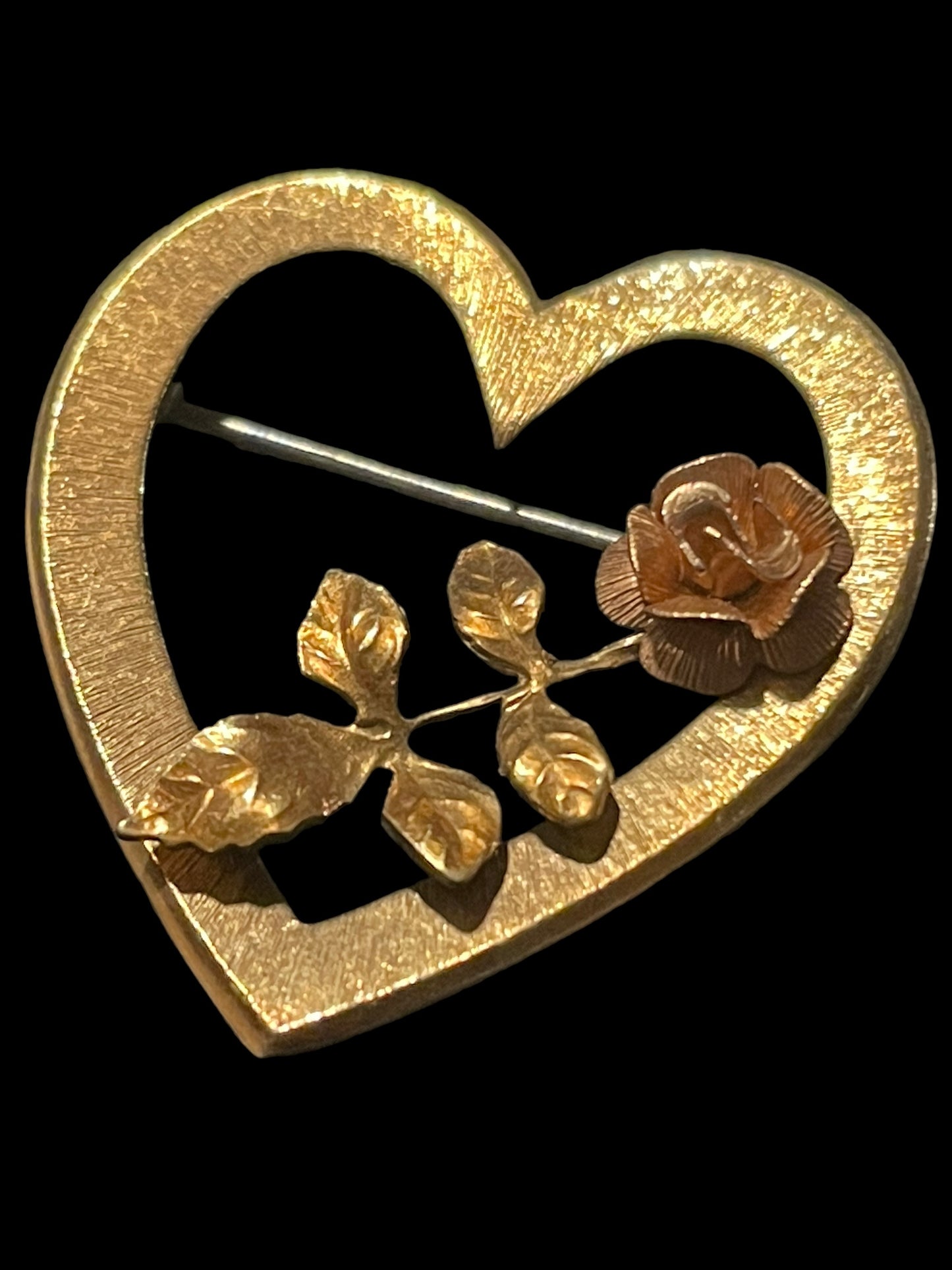 Vintage Krementz 14k Gold Overlay Heart with Rose Brooch Pin