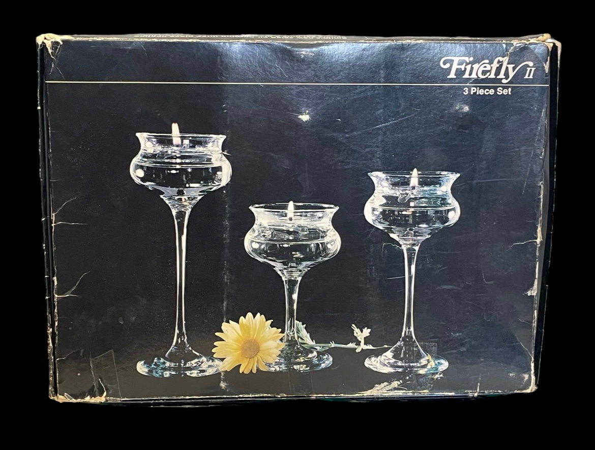 Vintage Le Smith Glass Co. Firefly II Salad Oil Burning Candle Glasses