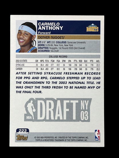 Carmelo Anthony #223 Rookie 2003 Topps Graded MINT+ 9.5