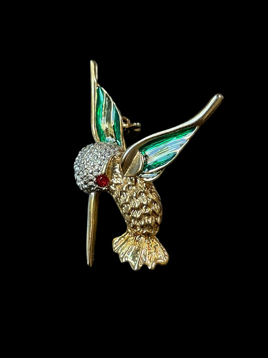 Vintage Gold and Silver Tone Red Gemstone Green Enamel Hummingbird Brooch Pin