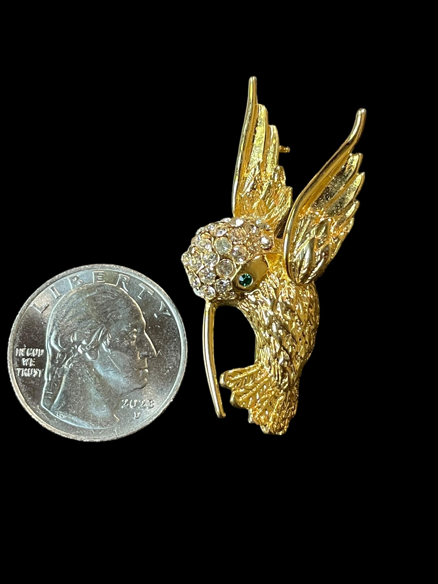 Vintage Gold Tone and Rhinestone Hummingbird Brooch Pin