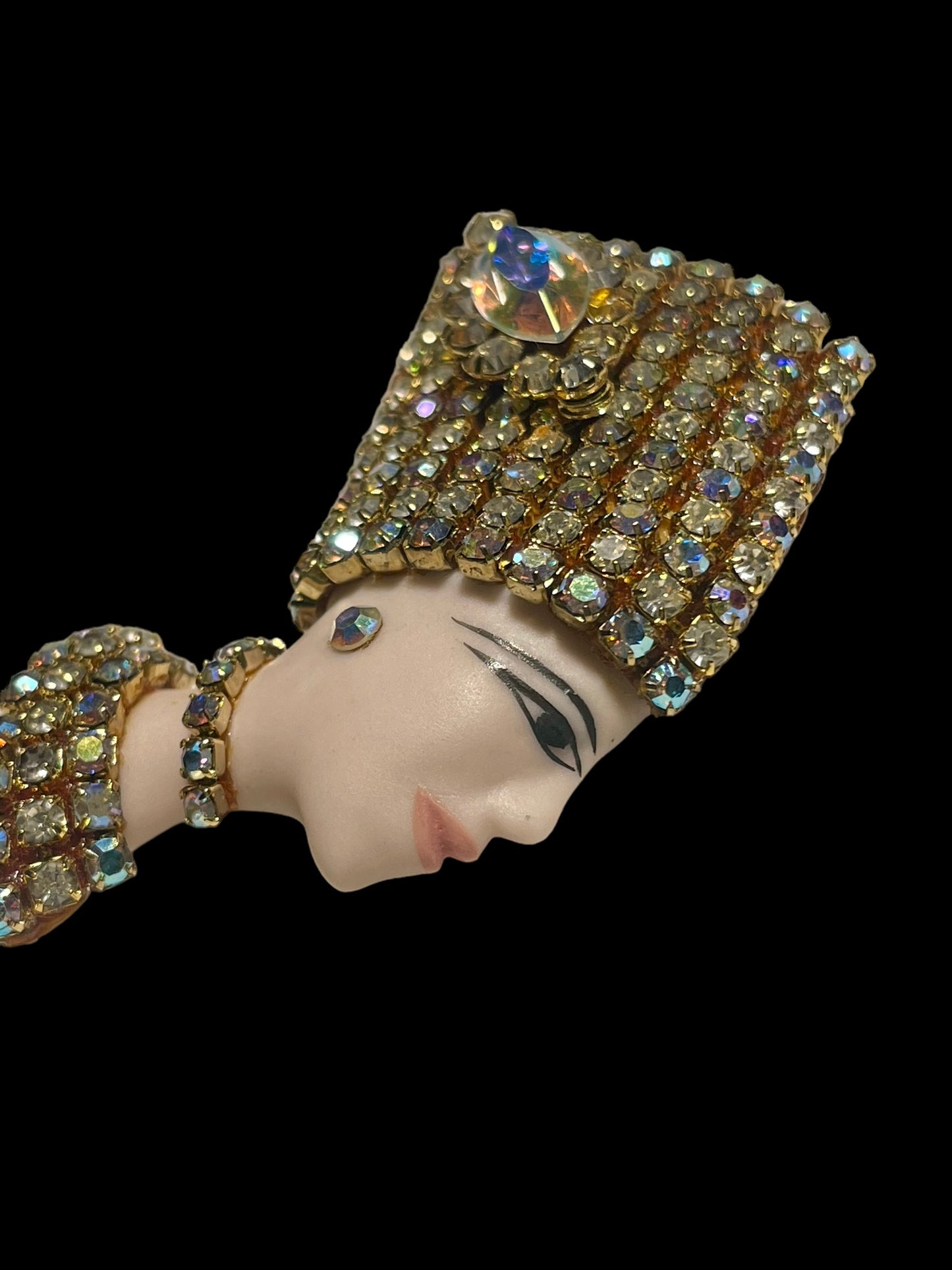 Vintage Hand Painted Egyptian Queen Nefertiti Porcelain and Swarovski Brooch