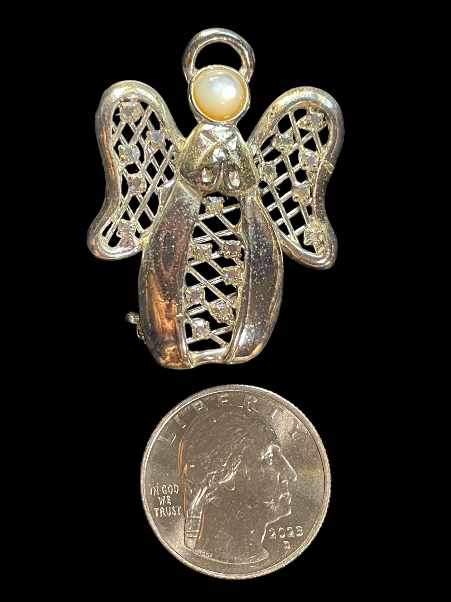 Vintage Guardian Angel Silver Tone Faux Pearl and Rhinestones 3D Brooch Pin